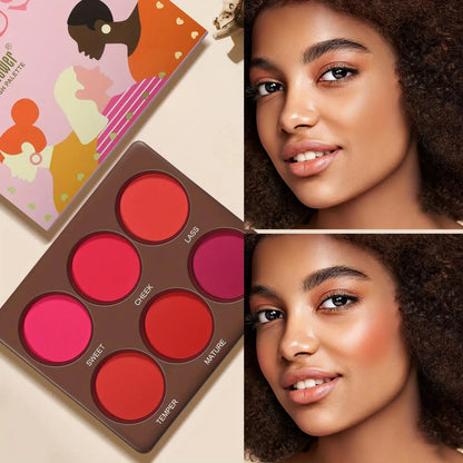 6-Color Waterproof Matte Blush Palette Free Brush Buildable Medium Coverage Sweatproof&Long-Lasting Natural Finish Lightweight