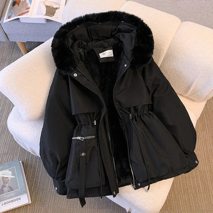 Women Winter Jacket - Fleece Lined Puffer Coat With Hooded Zipper Closure