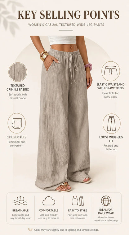 Women's Elegant Multi-Functional Stretch Waist Comfortable Casual Pants, Slightly Stretchy Simple Solid Textured Fabric High-Waist Wide-Leg Pants with Drawstring Waist and Slanted Pockets