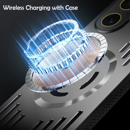 Luxury Metal Heat Dissipation Magnetic Wireless Charging Cover For iPhone 17 Air 16 15 Pro Max Plus 16E 17Pro Protective Case