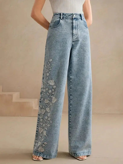 Y2k Pants New 2025 Trend Jeans for Woman Plus Size Comfort Stretch Washed Denim Embroidery Design Fashion Straight Leg