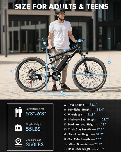 Qlife Racer Ultra Electric Bike for Adults, Peak 1200W 48V 10.4Ah,  27.5" Tire Electric Mountain Bike, 28MPH 55 Miles Off-road Electric Bicycle, 21-Speed E-Bicycle with Full Suspension