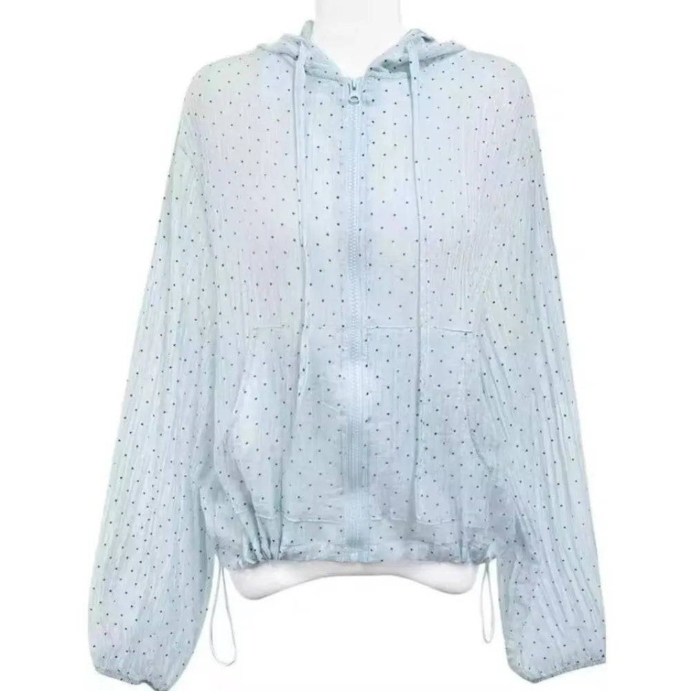 Casual Polka Dot Sun Protection Jacket Loose Fit Thin Hooded Jacket Breathable Long Bubble Sleeve Quick Dry Jacket