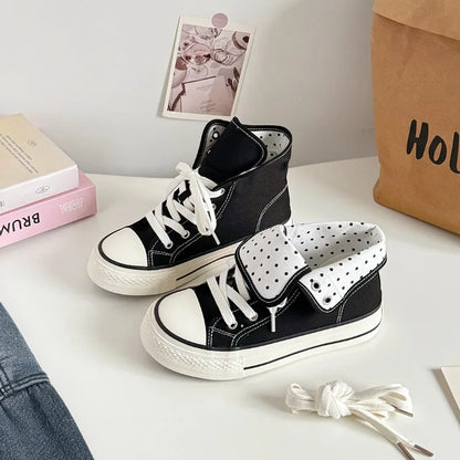 Women's High Top Platform Canvas Sneakers Polka Dot Foldable Collar Lace Up Breathable Korean Style Casual Shoes Fall 2026