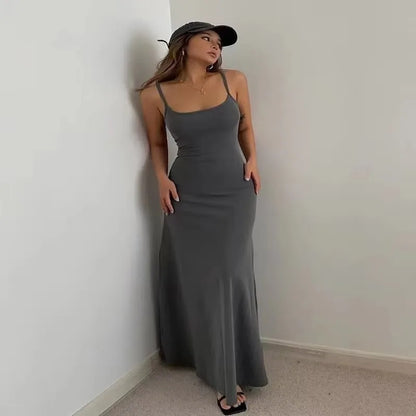Summer Backless Dress - Slim Waisted Spaghetti Strap Mid-Calf Length Casual Outfit