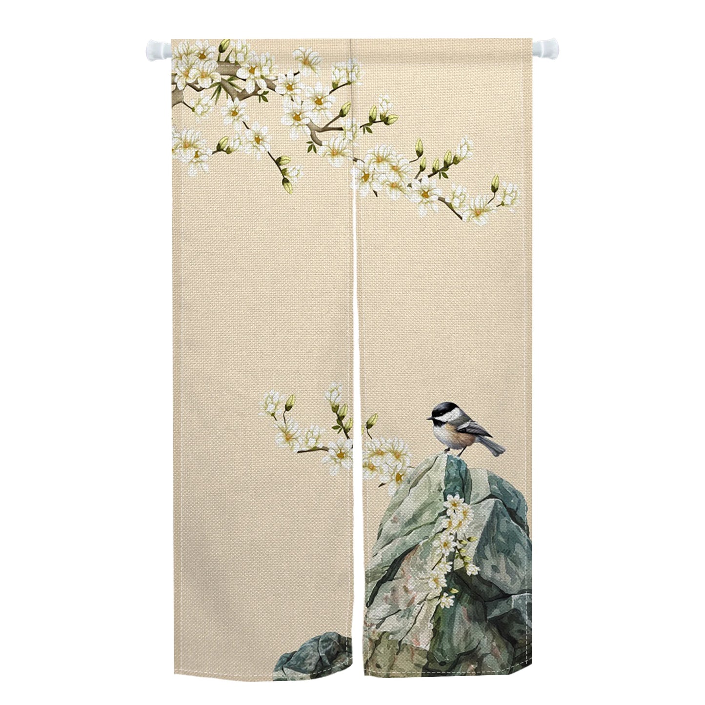 Japanese Door Curtain - Cherry Blossom Curtain With Kanagawa Wave Design | Linen Door Panel