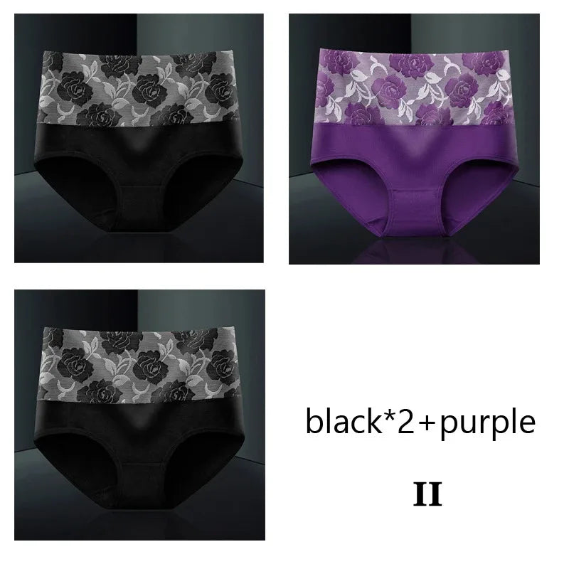Plus Size L-5XL Women's Briefs Underwear Cotton High Waist Tummy Control Panties Rose Jacquard Ladies Panty Multipack