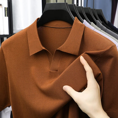 100%  Lyocell Knitwear 2025 Men Spring Summer Trendy Turn Down Collar Knit Tees Short Sleeve Breathable Knit Tops