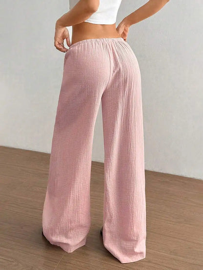Women's Elegant Multi-Functional Stretch Waist Comfortable Casual Pants, Slightly Stretchy Simple Solid Textured Fabric High-Waist Wide-Leg Pants with Drawstring Waist and Slanted Pockets