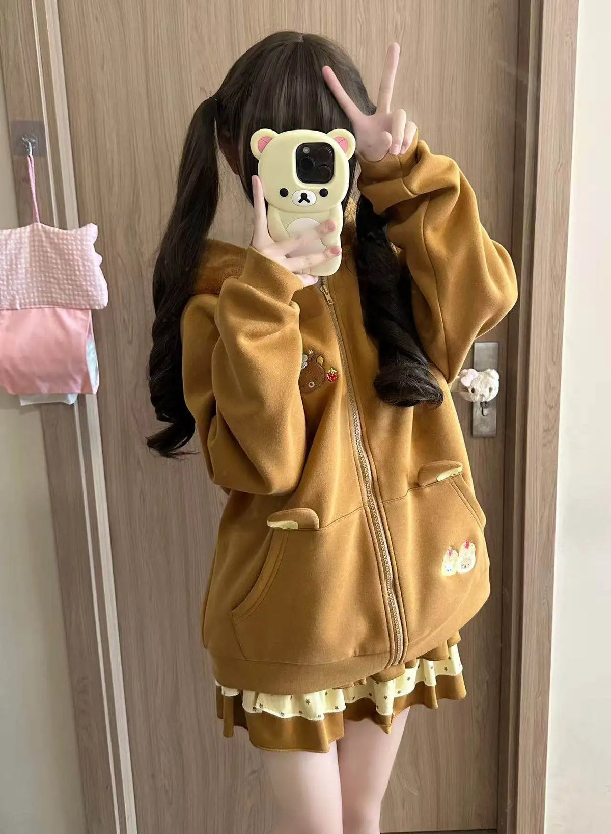 Original Japanese Style Soft Girl Hooded Rilakkuma Jacket for Women Cute Versatile Fleece Lined Thickened Sweatshirt