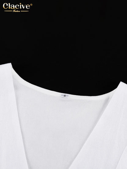 Clacive Summer White Linen Two Piece Set For Women 2023 Fashion Sleeveless Tank Top New In Matching High Waist Wide Pants Set