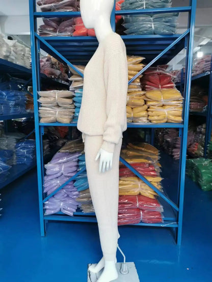 Knitted Sweater Two Piece Set For Women Autumn Winter Long Sleeve O Neck Sweater + Skinny Pants Sets Casual Knit Outfit Homewear