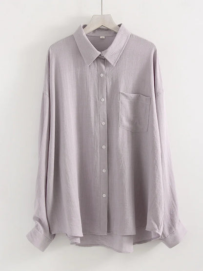 Summer Blue Linen Shirts For Women Oversized Long Sleeve Tops Green Shirt Woman Work Basic Linen Tops Women White Shirts Ladies