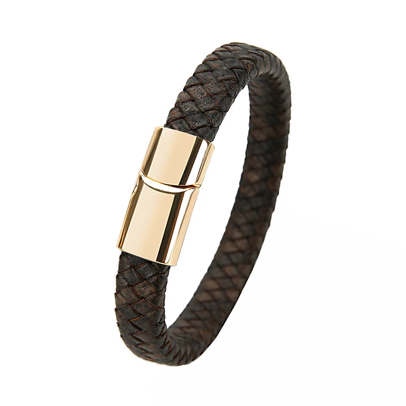 Mibrow Braided Black Leather Men Bracelet 10x5 12x6mm Size Fashion Metal Magnetic Clasp Wrap Bracelets Punk Charm Men Jewelry