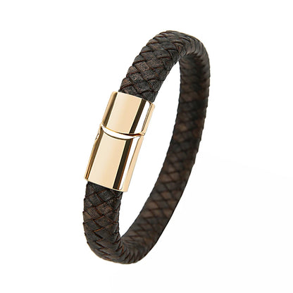Mibrow Braided Black Leather Men Bracelet 10x5 12x6mm Size Fashion Metal Magnetic Clasp Wrap Bracelets Punk Charm Men Jewelry