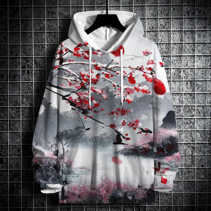 Autumn Hoodies For Men 3d Landscape Ink Print Street Designer Long Sleeved Loose Oversized Pullover Fall Fashion Men's Clothing