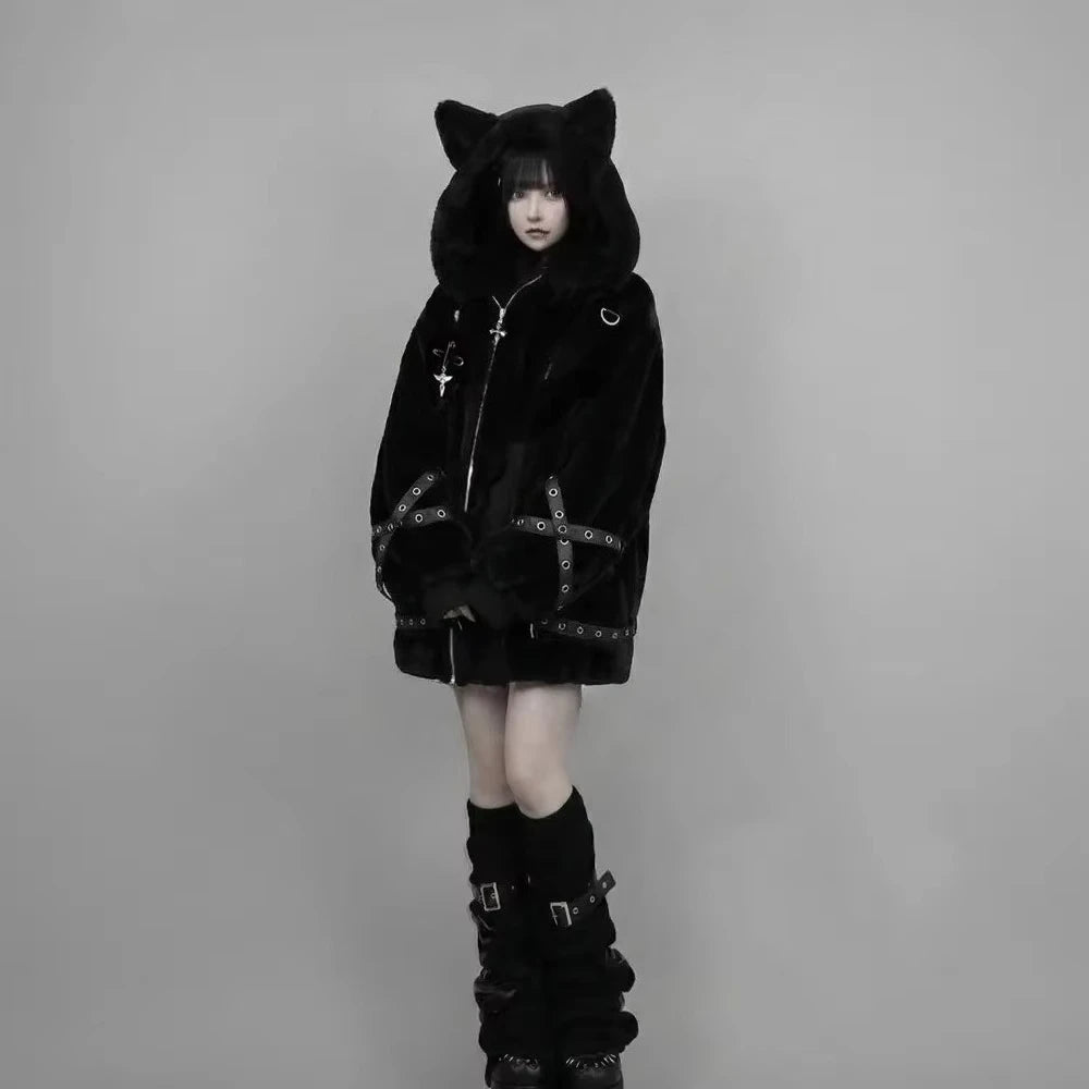 Vintage Punk Style Hoodie Long Sleeve Faux Fur Women Casual Zipper Hooded Gothic Y2K Subculture Harajuku Sweatshirts Autumn