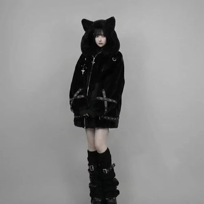 Vintage Punk Style Hoodie Long Sleeve Faux Fur Women Casual Zipper Hooded Gothic Y2K Subculture Harajuku Sweatshirts Autumn