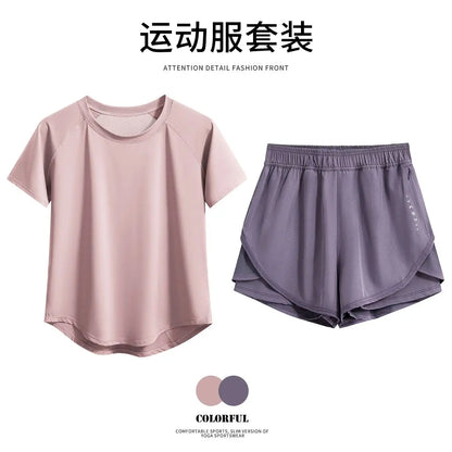DRUR 2pcs Gym Set Women Summer Sportswear Outfit 2 Piece Short Sleeve Sports Shirt Shorts Sets Jogging Suit Female Tracksuit New