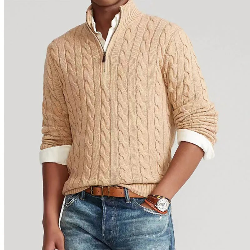 Mock Neck Knitted Sweater Men Solid Pullovers Long Sleeve Sweaters Spliced Zipper Spliced Autumn Casual Loose Slight Strech