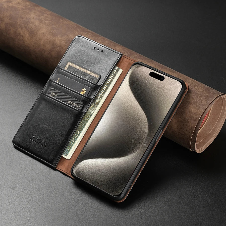 Wallet Skin Friendly Card Slot Magnetic Flip Leather Case For iPhone 17 Pro Max Air 16e 16 15 14 Plus 13 12 11 XR Card Holder