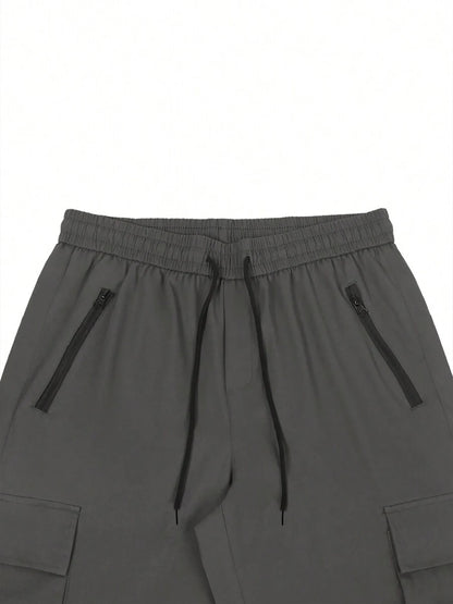 Men's 3/4-Length Cargo Shorts — Woven Twill Fabric, Multi-Pocket Casual Trousers. Non-Stretch Adult Apparel for Summer
