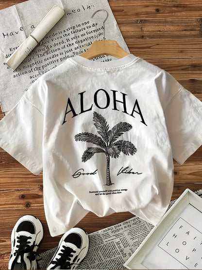 Children's palm tree pattern printed short-sleeved round-neck casual short-sleeved T-shirt, suitable for daily wear in summer