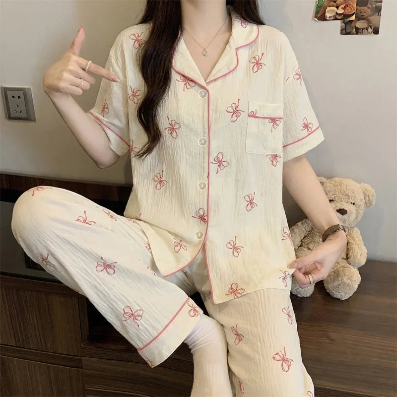 French-Style Sweet Bow Pajamas for Women: Summer Short-Sleeve Long-Pants Set with Cloud-Print, Soft and Cozy Cotton Loungewear