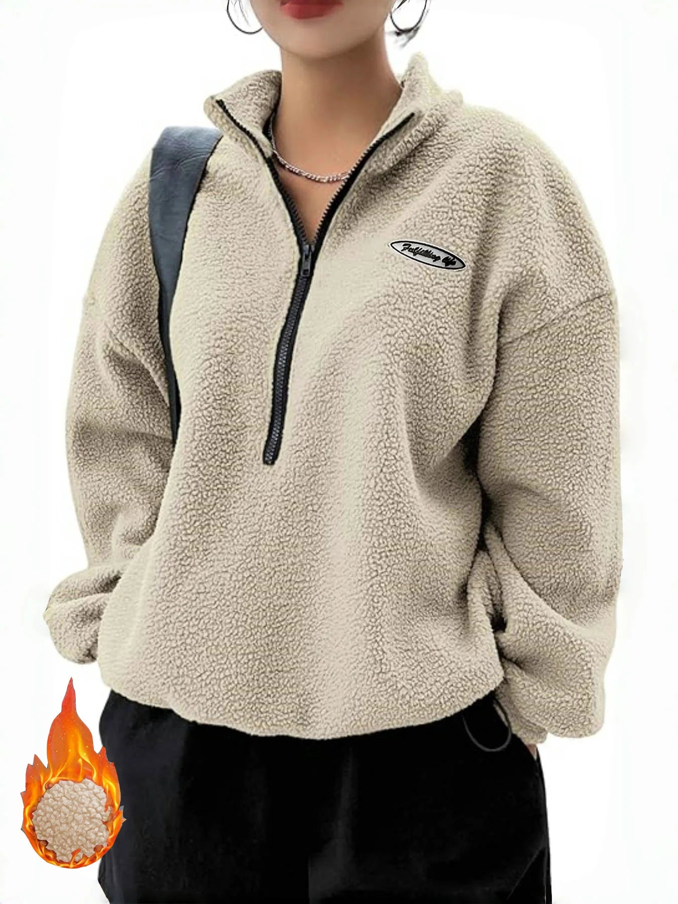 Autumn Winter Women Fleece Pullover High Neck 1/4 Zip Sweatshirts Retro Badge Green Loose Warm Teddy Outwear Harajuku Clothing