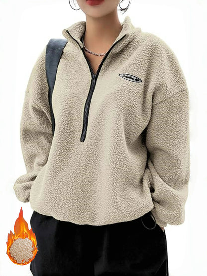 Autumn Winter Women Fleece Pullover High Neck 1/4 Zip Sweatshirts Retro Badge Green Loose Warm Teddy Outwear Harajuku Clothing