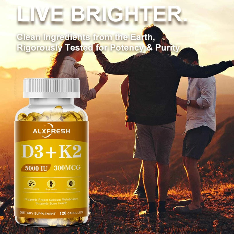 Vitamin D3+K2 5000 IU 300 MCG Vitamins Capsules | Non-GMO, Vegan, Nutural, Gluten-free | Health Supplement