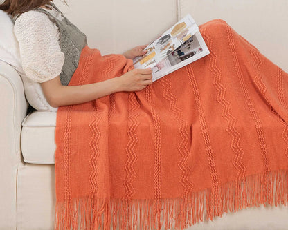 Caramel Knit Throw Blanket - Lightweight Plaid Blanket for Couch and Bed