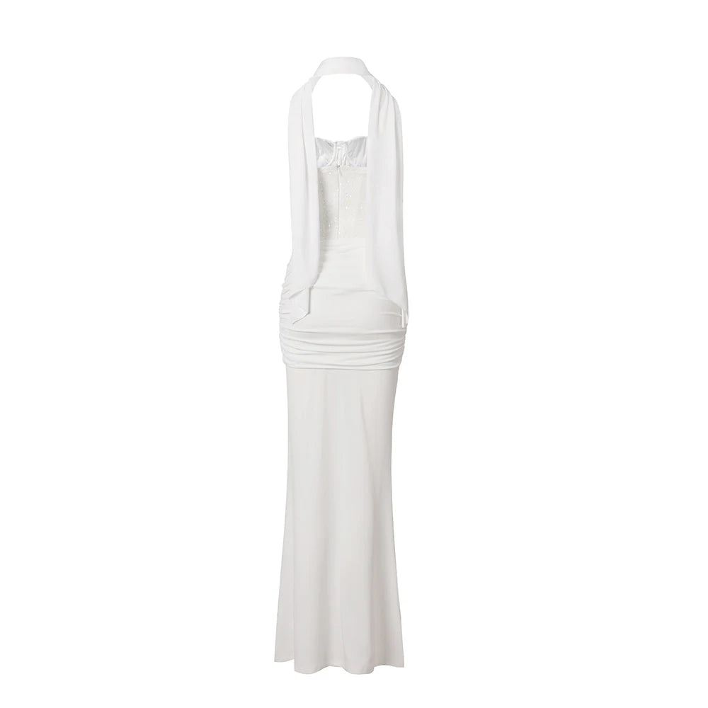 Luxury Evening Dress - White Velvet Strapless Mermaid Gown With Sequins