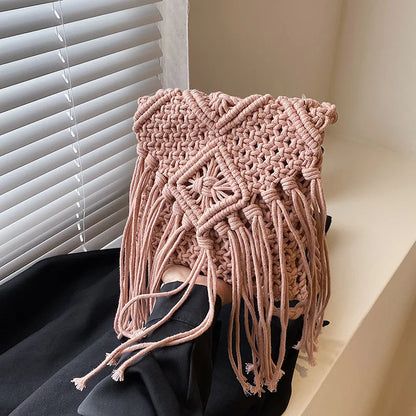 Handmade Cotton Crossbody Bag - Vintage Tassel Shoulder Messenger for Women Summer Beach Handbag 2023