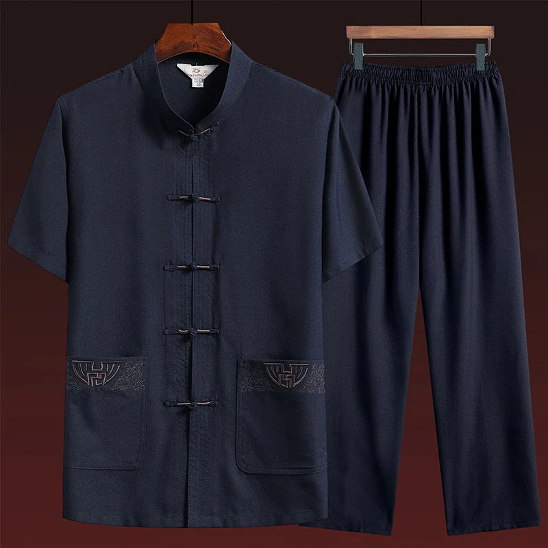 Cotton and Linen (Top + Pants) Elderly Men Gold Silk Pan Buckle Pocket Embroidered Tang Dress Han Dress Lay Tai Chi Suit Set