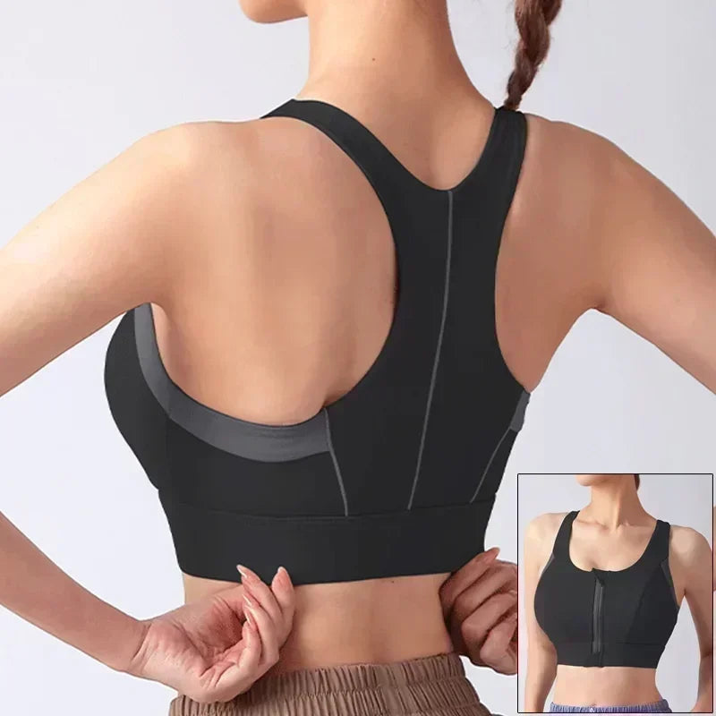 Front Zipper Sports Bra - Women's Athletic Crop Top, Push Up Wireless Fitness Tank