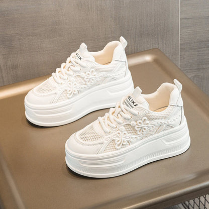 Womens White Mesh Platform Sneakers Breathable Thick Sole Casual Shoes With Flower Embroidery Lightweight Non Slip For Summer Da