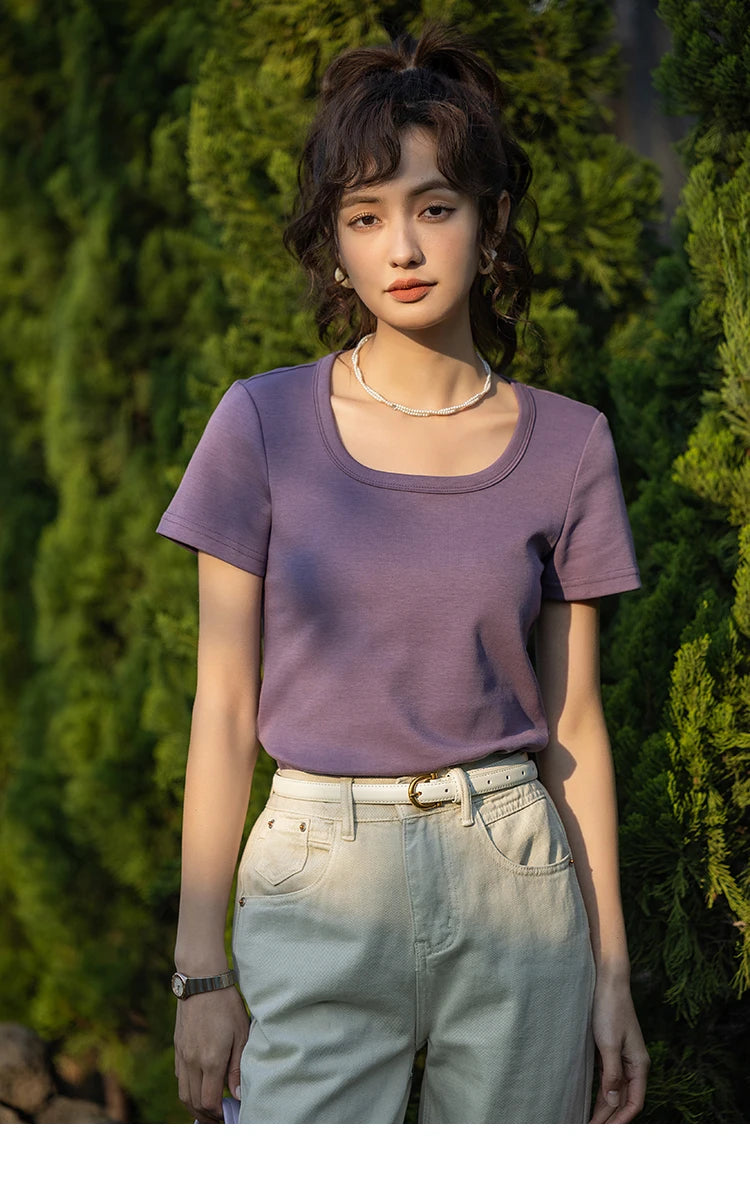 Women's Square-Neck T-Shirt – Elegant Cotton Short-Sleeve Top