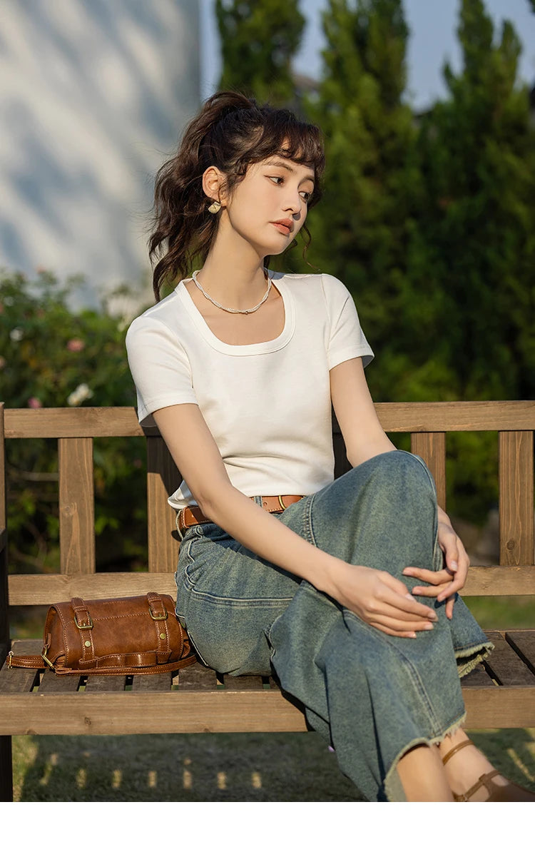 Women's Square-Neck T-Shirt – Elegant Cotton Short-Sleeve Top