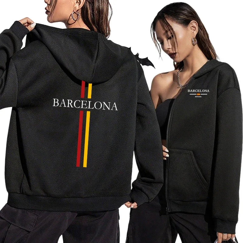 Autumn Winter Female Daily Casual Sport Coat 2025 New Arrival Woman Zipper Hoodie High Quality Barcelona Print Hooded Sweatshirt