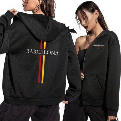 Autumn Winter Female Daily Casual Sport Coat 2025 New Arrival Woman Zipper Hoodie High Quality Barcelona Print Hooded Sweatshirt