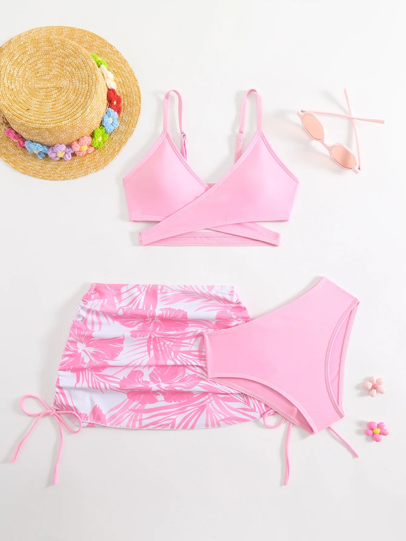 3pcs Swimming Suit for Girls Summer Beach Dress Swimsuit Tie-dye Printed Skirted Bikini Set Kids Bathing Suit