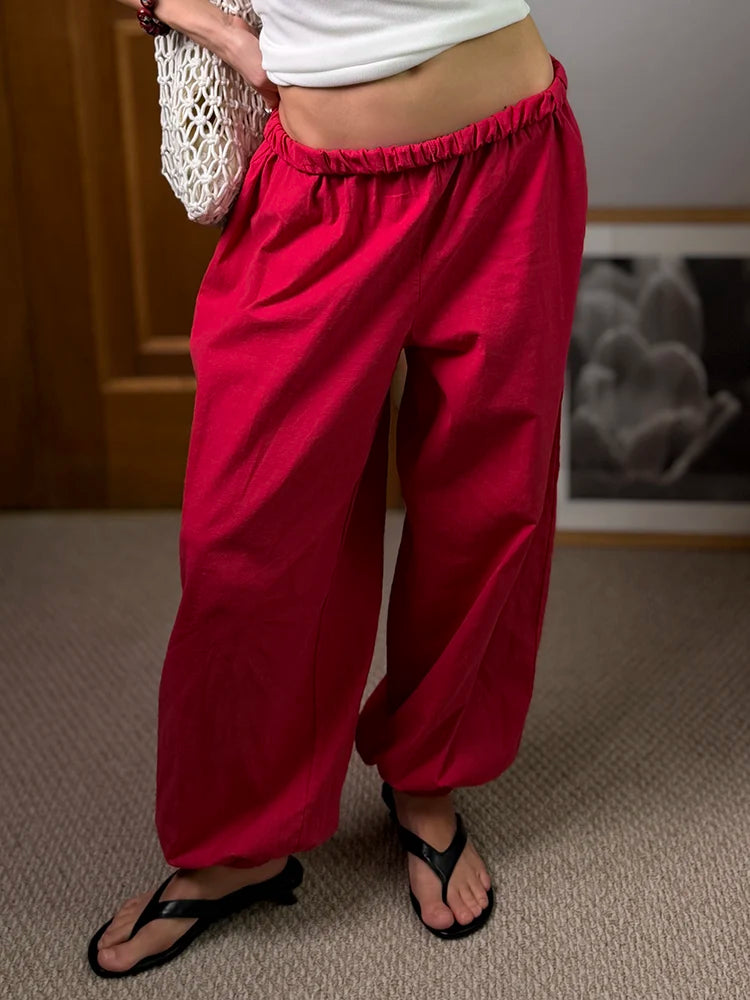 Wide Leg Red Pants For Women Cotton Long Bloomers White Autumn Elastic Waist Lantern Trousers Women Straight Practice Pants Lady