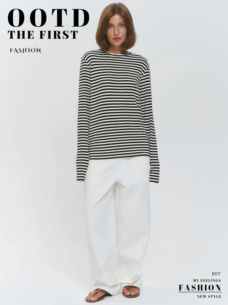 Bornladies Autumn New Fashion Women Cotton Striped Long Sleeve T Shirt Office Casual Simple Round Neck Pullover Tops & Tees