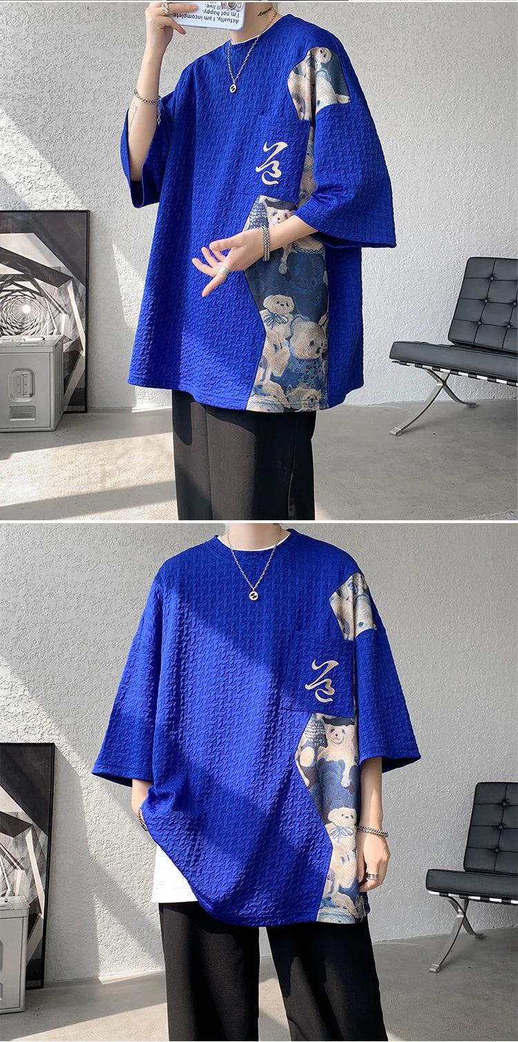 Patchwork Contrast Color T Shirt Men Summer Fashion Top Tees Unisex Harajuku T-shirt Male Half Sleeve TShirts Blue White Black