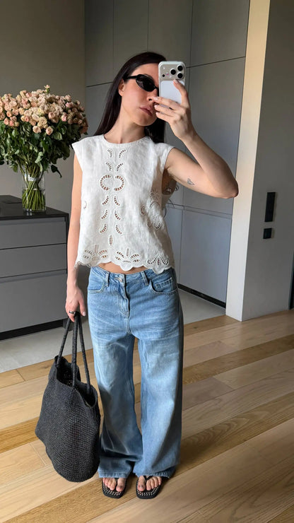 FSLE【Premium Series】Summer Women Linen Two Piece Set Cut-Out Embroidered Sleeveless Top Midi Skirt Boho Beach Vacation Style