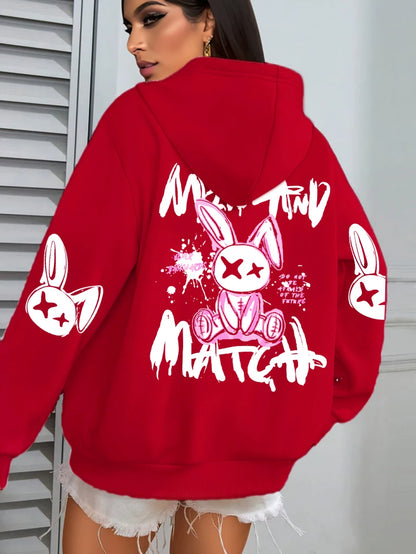 Mix And Match Cartoon Rabbit Prints Women Hoodie Pocket Streetwear Harajuku Loose Hoody All-Match Fleece Female Clothing