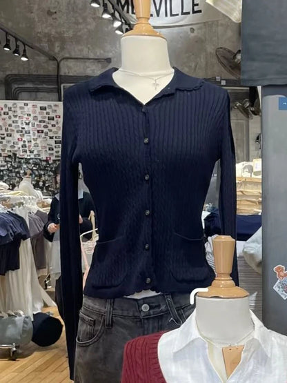 Pockets Twist Flower Knitted Sweater Cardigan O-Neck Single Breasted Long Sleeve Slim Sweaters Vintage Streetwear Gray Crop Tops