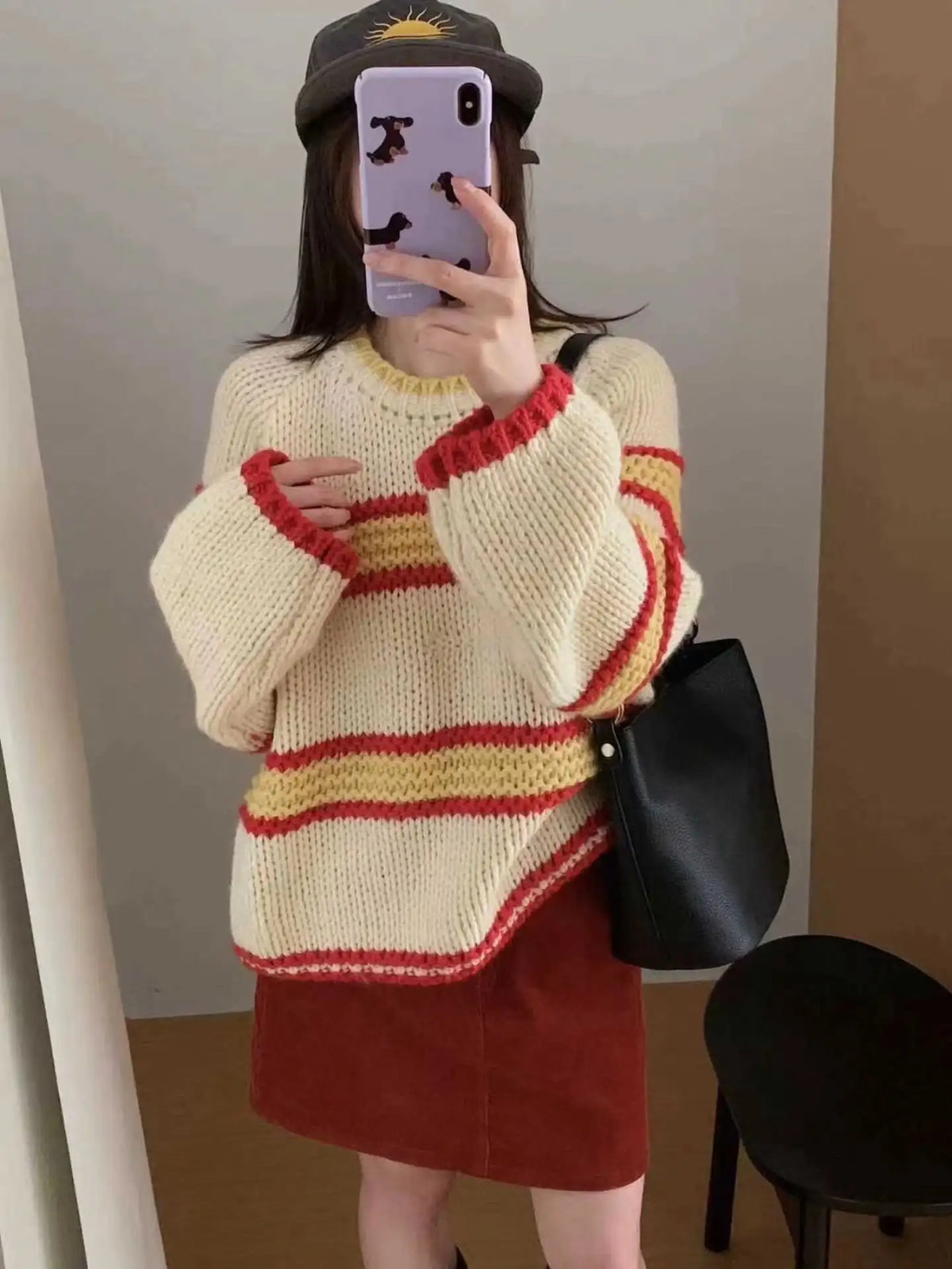 Chic Loose Long Sleeve Knitted Sweater round Neck Striped Autumn Winter New Style Women's Regular Fit Comfortable Casual Sweater