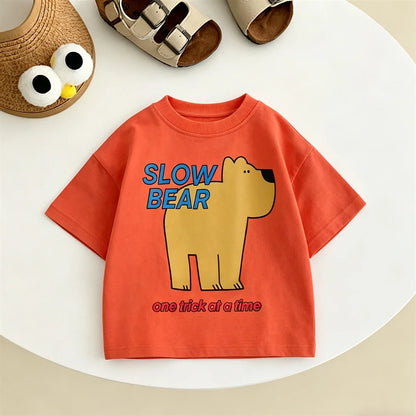 Printing Tshirt Child Boys Summer Crewneck Tops Loose Pure Cotton Tees Kids Cute Print T-shirt Baby Clothes Thin Short Sleeve